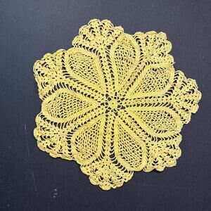Yellow Round Doily Table Topper Handmade Floral Pattern Lace Vintage Retro